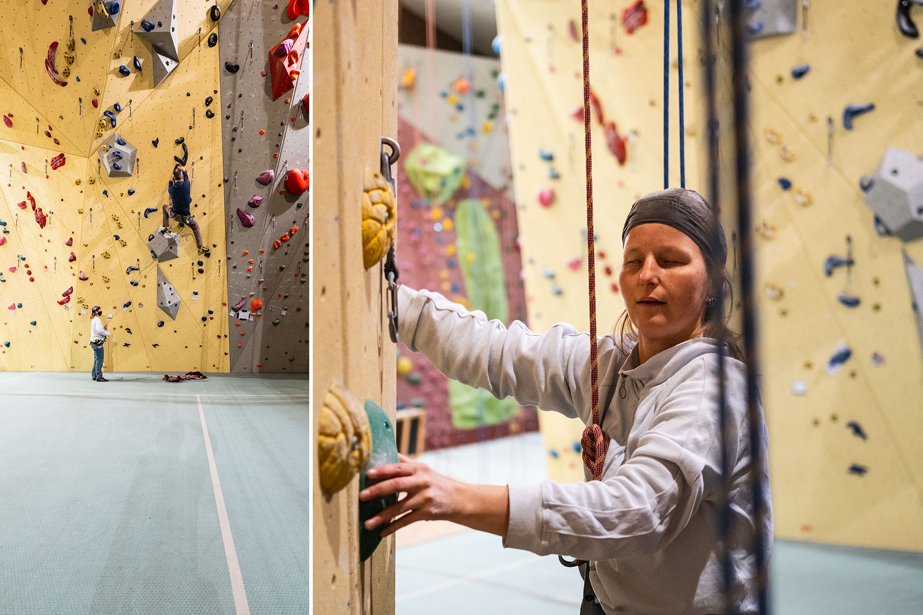 Die blinde Kletterin Svenja Fabian in einem Indoor Kletterpark zusammen mit ihrem Kletterpartner