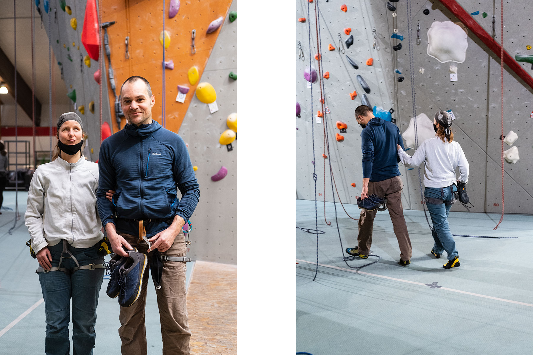 Die blinde Kletterin Svenja Fabian in einem Indoor Kletterpark zusammen mit ihrem Kletterpartner