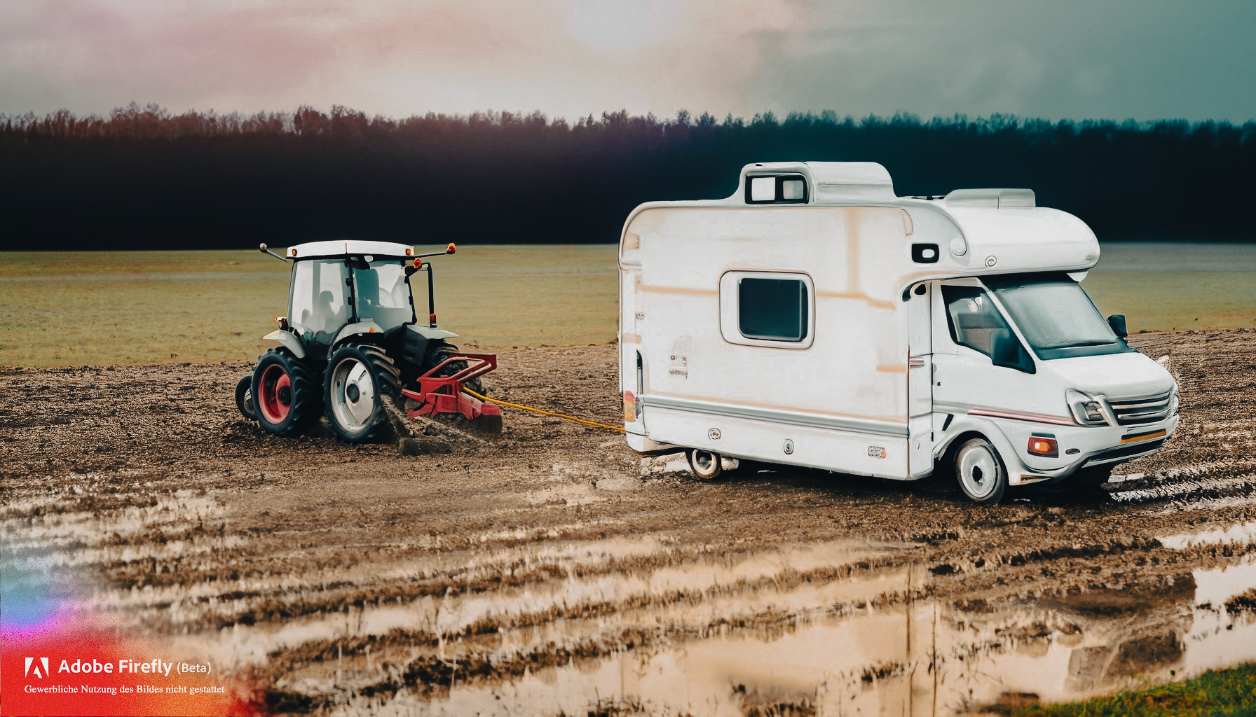 Ein Wohnmobil wird von einem Traktor aus einem matschigen Acker abgeschleppt